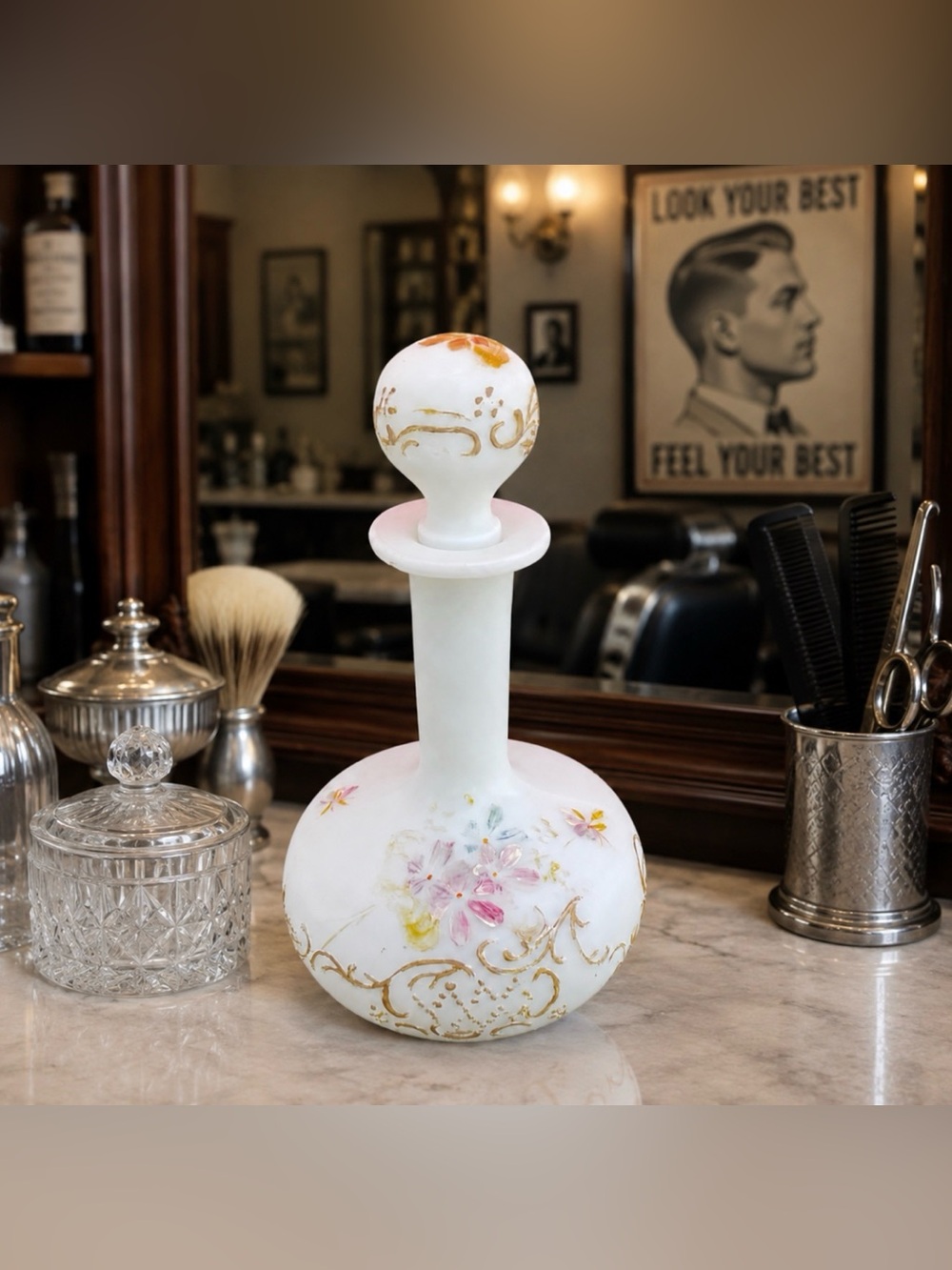 Antique Victorian Glass  Decanter Barber Bottle Hand Painted Intact with Stopper